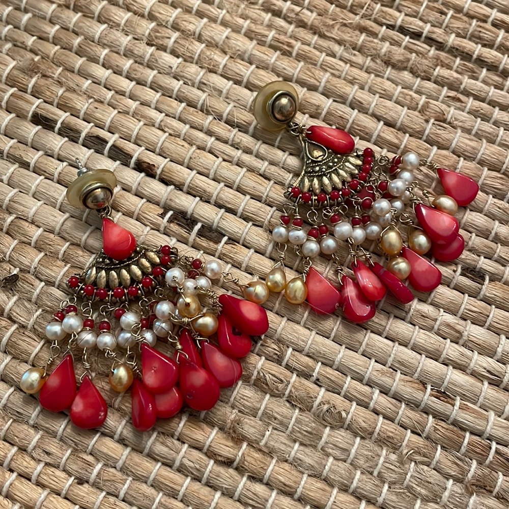 Vintage beaded handmade dangle earrings - new backs provided - red stone & pearl